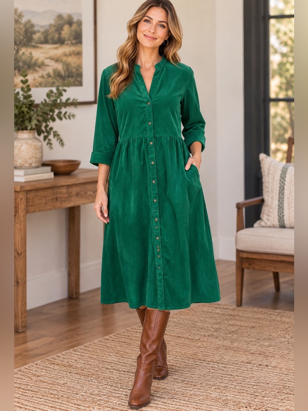 Croft & Barrow sz M kelly green corduroy button front dress